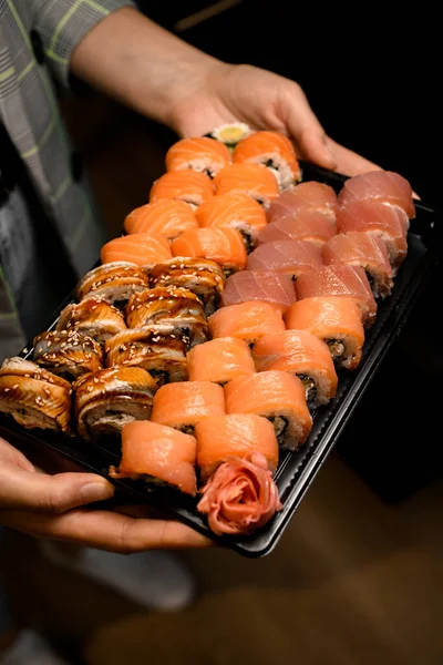 Sushi Set Different Philadelphia Rolls Salmon Tuna Eel Black Box — Stok fotoğraf