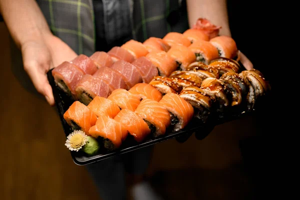 Sushi Set Various Philadelphia Rolls Salmon Tuna Eel Black Box — Stok fotoğraf