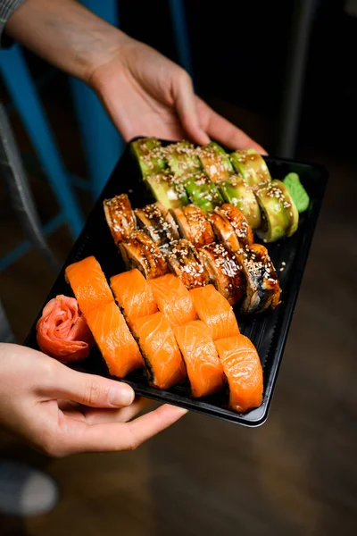 Set Appetizing Philadelphia Sushi Rolls Soya Sauce Sesame Rolls Salmon — Stok fotoğraf