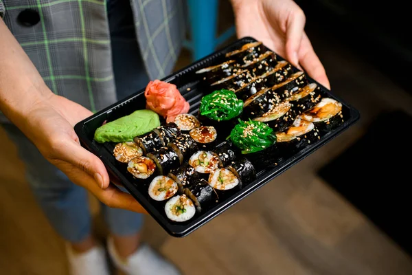 Set Different Appetizing Sushi Rolls Ginger Wasabi Tray Male Hands — Stok fotoğraf