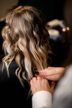 Close-up rear view of woman after visiting hairdresser. Long curls of female person. Hairdo for holiday or for everyday. Beauty salon and hairstyle concept