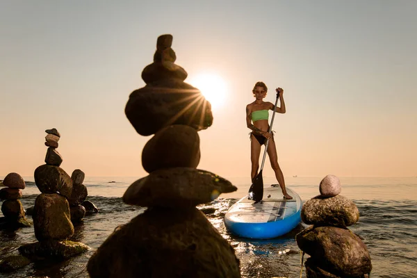 Young Attractive Woman Surfer Practice Floating Sup Board Sea Sunset — Stock Photo, Image