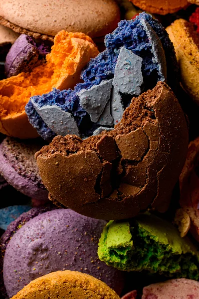 Whole Broken Multi Colored Parts Fresh Dessert Macaroon Laying Chaotically — Stock Photo, Image