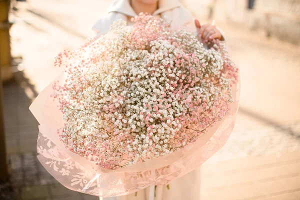 Huge Colorful Bouquet Gypsophila Flowers Formed Wrapping Paper Girls Hands — Stock Photo, Image
