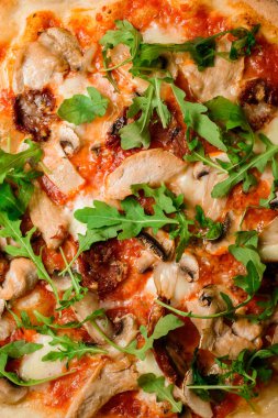 Parmesan peynirli lezzetli pizza, domates sosu, güneşte kurutulmuş domates, tavuk eti, şampiyonlar ve roka. İtalyan usulü pizza. Görüntüyü kapat