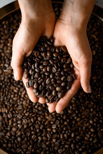 Top View Woman Handful Filled Brown Aromatic Coffee Beans Roasted — Stock Photo, Image
