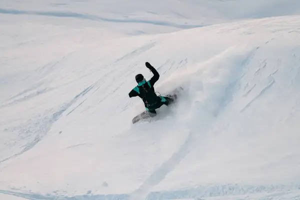 Homem Braço Snowboarder Terno Esqui Snowboard Supera Outra Manobra Para — Fotografia de Stock