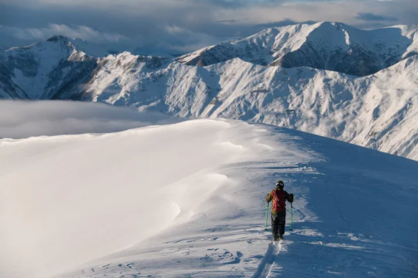 あるスキーヤーはスキーの上の雪の山に登り 山の風景と曇った空の背景に対してスキーポールで自分自身を助けます — ストック写真
