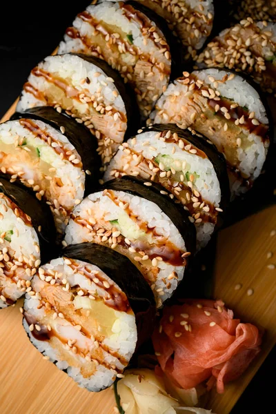 Sushi Rolls Red Ginger Wasabi Wood Board Sauce Sesame Seeds — Stok Foto