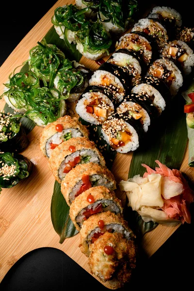 Top View Set Sushi Rolls Wood Board Fried Tempura Gunkan — Stok Foto