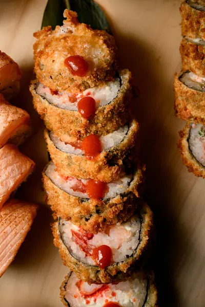 Top View Close Fried Tempura Sushi Rolls Batter Decorated Ginger — Stok Foto