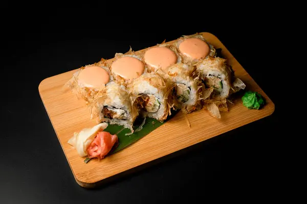 Delectable Bonito Rolls Featuring Tuna Flakes Delightful Touch Pink Cream Стоковое Фото
