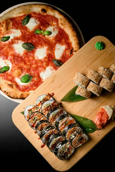 Delight Harmonious Combination Caprese Pizza Alongside Set Tuna Rolls Crisp Royalty Free Stock Images