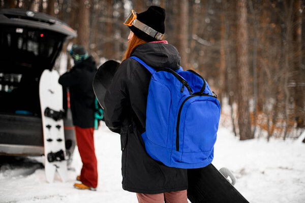 Back View Girl Ski Gear Bright Backpack Couch Waiting Her Stock Photo