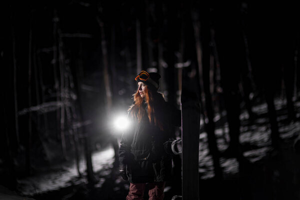 Young Red Haired Woman Stands Snowboard Dark Winter Forest Cropped Royalty Free Stock Photos