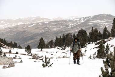 Bir kayakçının, Noel ağaçlarının arka planına karşı yumuşak bir yamaca tırmanışını ön manzara. Arka planda geniş bir dağ kitlesi var.