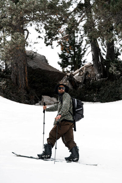 Close Young Skier Glasses Moving Gentle Slope Turning Back Background Royalty Free Stock Images