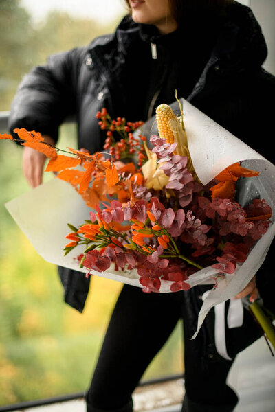Young Woman Holding Autumn Bouquet Gift Paper Corn Cob Other Royalty Free Stock Photos