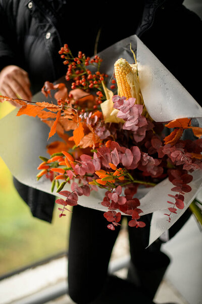 Focus Autumn Bouquet White Wrapping Paper Corn Cob Other Dry Stock Picture