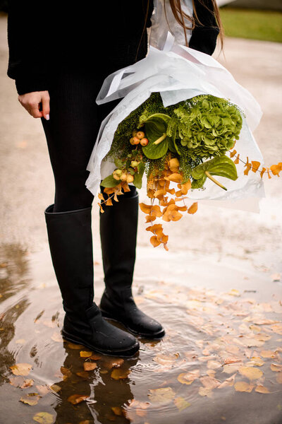 Young Woman Stands Puddle Yellow Fallen Leaves Holds Huge Autumn Stock Image