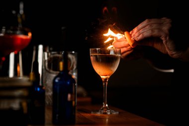 Barmenin hangi kadın elinin üzerine bir parça tat sıktığı, karanlıkta kokteyl üzerine ateş sıçrattığı, seçici bir odak noktası olan temiz sıvıyla bardağa odaklan.