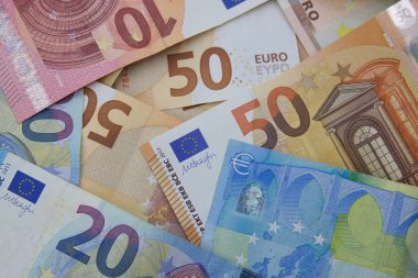 Close-up of some unidentifiable banknotes of the European bank of values of 10, 20, 50 euros
