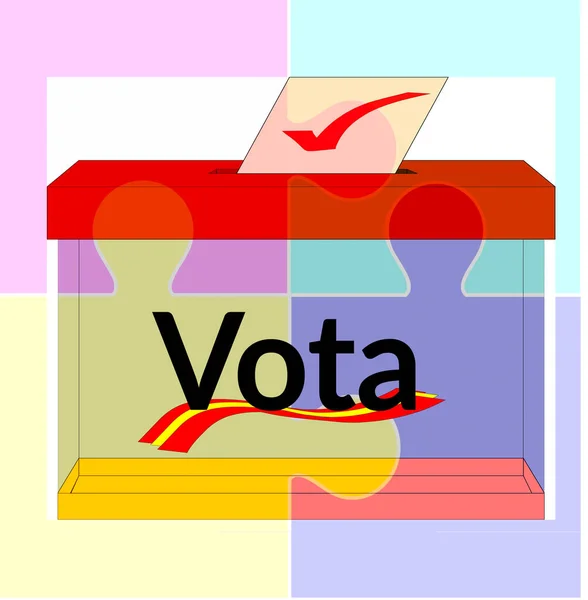 스페인 국기가 스페인어 Vota 단어로 표시되고 투표용지가 투표함의 빈칸으로 들어가는 — 스톡 사진
