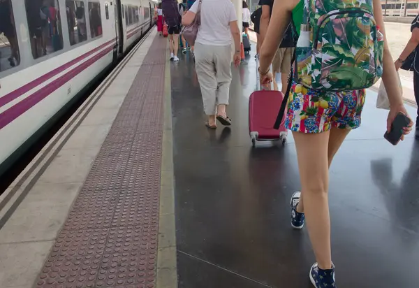 Orta mesafeli bir trendeki yolcular, istasyon çıkışını aramak ya da başka bir ulaşım aracı bulmak için valizleriyle birlikte platformda yürürler.