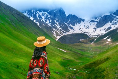 Tourist enjoy view of mountain valley landscape in Juta, Georgia country.