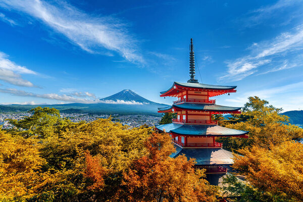 Chureito pagoda and Fuji mountain in autumn, Japan.