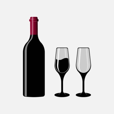 Şarap şişesi ve iki bardak. Hafif arkaplanda vektör illüstrasyonu.