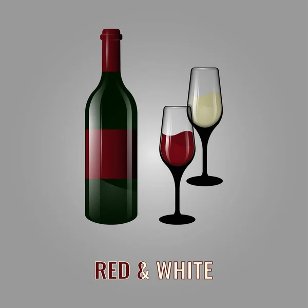 赤と白 ワインボトルとワイン付きの2つのグラス 灰色の背景に孤立したベクトル図 — ストックベクタ