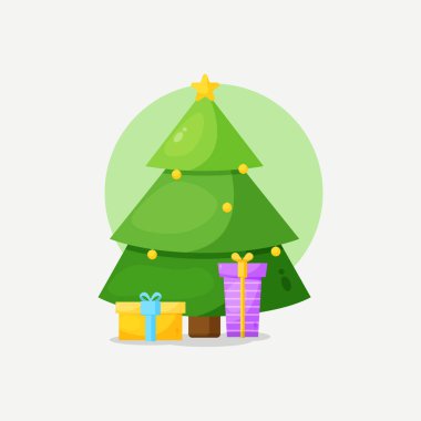 Noel hediyesi kutulu çam ağacı karikatür çizimi