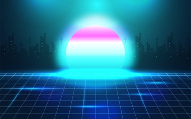 Gelecekçi retro 80 'lerin mavi gradyanı. Neon geometrik sentetik dalga ağı. Siluet şehir manzarası soyut güneşli arka plan