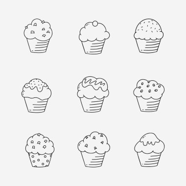 Cupcake doodle çizgi vektör çizimi