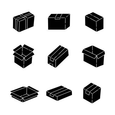 Karton kutu katı simge koleksiyonu. Kabartma el çizimi stili. izole resim