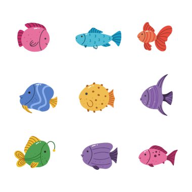 Deniz Balığı Simgeleri Koleksiyonu. El çizimi stili. izole resim