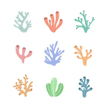 Mercan simgesi elle çizilmiş. izole çizgi film çizimleri koleksiyonu