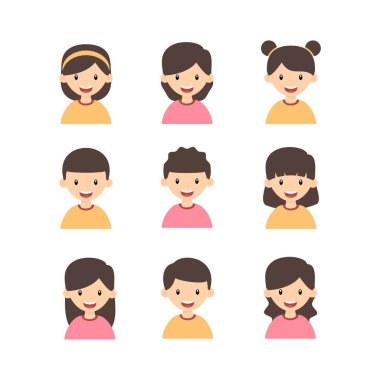 Çocuklar vücut simgesinin yarısıyla düz bir şekilde yüzleşir. izole çizgi film çizimleri koleksiyonu