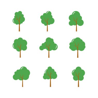 Ağaç simgeleri düz stil. izole çizgi film çizimleri koleksiyonu