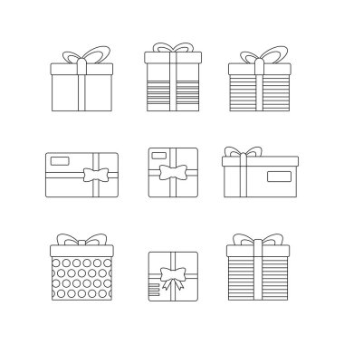 Hediye kutusu karalama işareti simgesi koleksiyonu. Taslak tarzı. izole resim