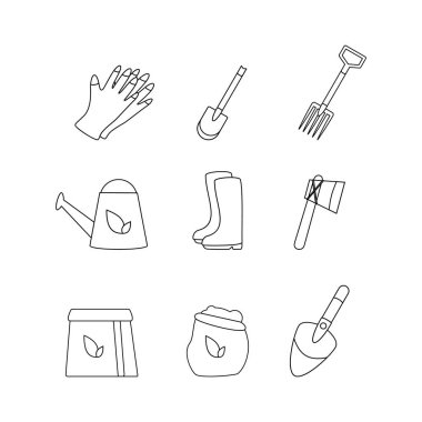 Bahçe aletleri karalama çizgisi simgeleri koleksiyonu. Taslak tarzı. izole resim