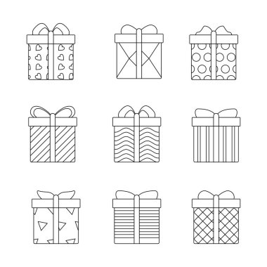 Hediye kutusu karalama çizgisi işaret simgesi koleksiyonu. Taslak tarzı. izole resim
