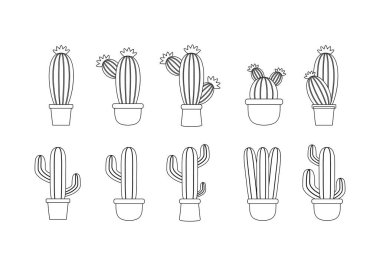 Kaktüs karalama çizgisi işaret simgesi koleksiyonu. Taslak tarzı. izole resim