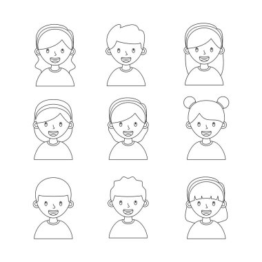 Çocuklar karalama çizgisi işaret simgesi koleksiyonuyla karşı karşıya. Taslak tarzı. izole resim