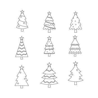 Noel ağacı karalama çizgisi simgesi koleksiyonu. Taslak tarzı. izole resim
