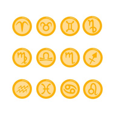 Düz simgeli zodyak sembollü sikkeler. izole çizgi film çizimleri koleksiyonu