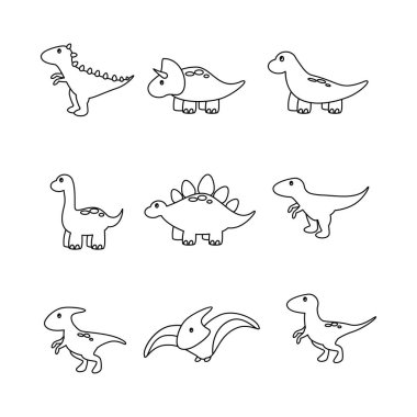Şirin dinozor karalama çizgisi ikonu koleksiyonu. Taslak tarzı. izole resim