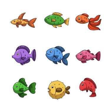 Balık simgesi el çizimi tarzı. izole çizgi film çizimleri koleksiyonu