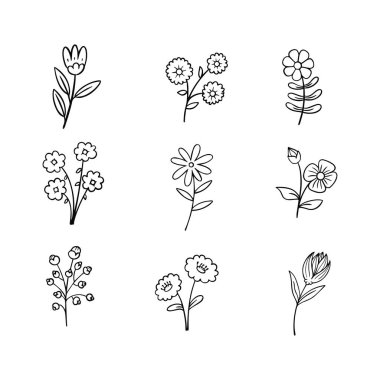 Çiçek karalama çizgisi simgeleri koleksiyonu. Taslak tarzı. izole resim